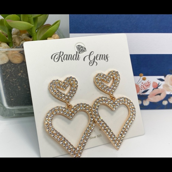 Gold / Silver Double Heart Rhinestone Earrings - Picture 3 of 8
